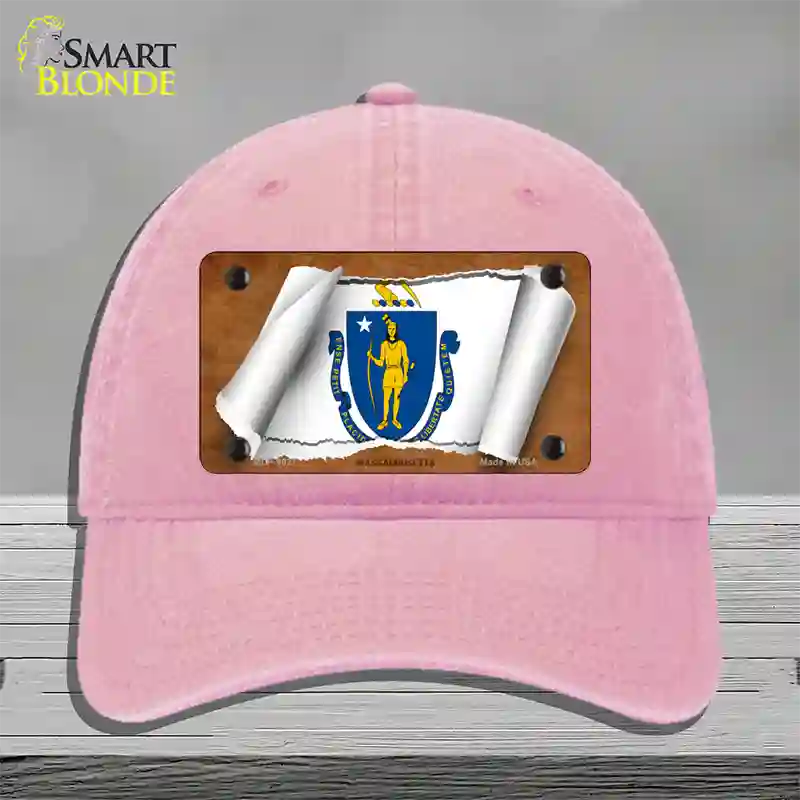 Massachusetts Flag Scroll Novelty License Plate Hat Unconstructed Cotton / Pink