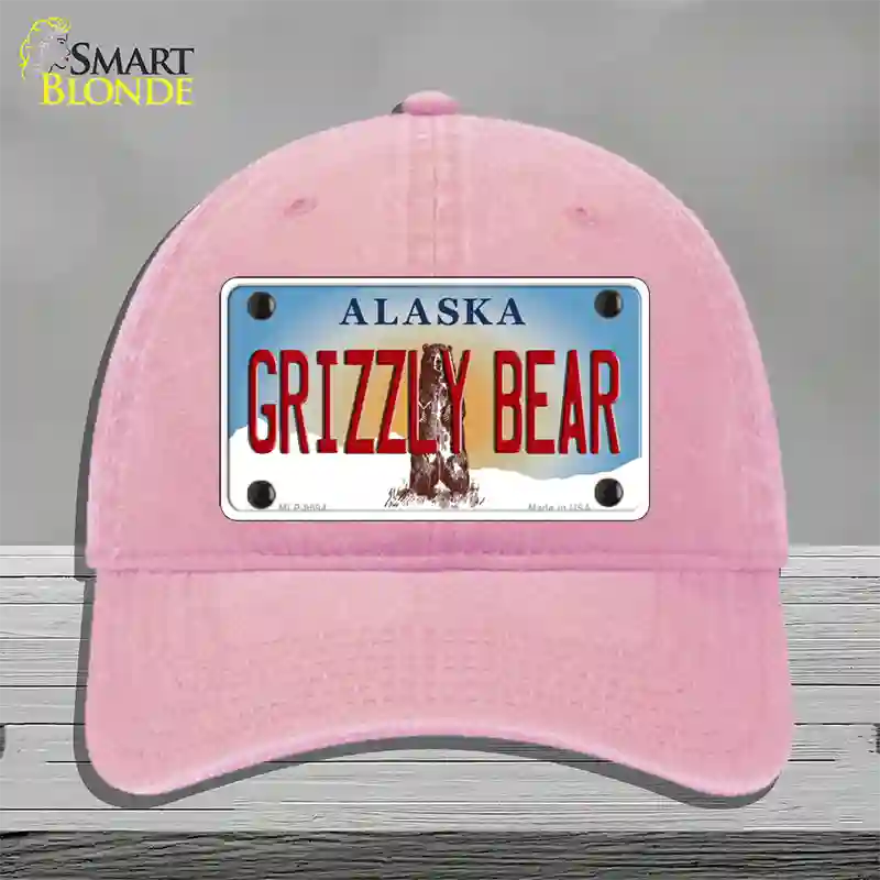 Grizzly Bear Alaska State Novelty License Plate Hat Unconstructed Cotton / Pink