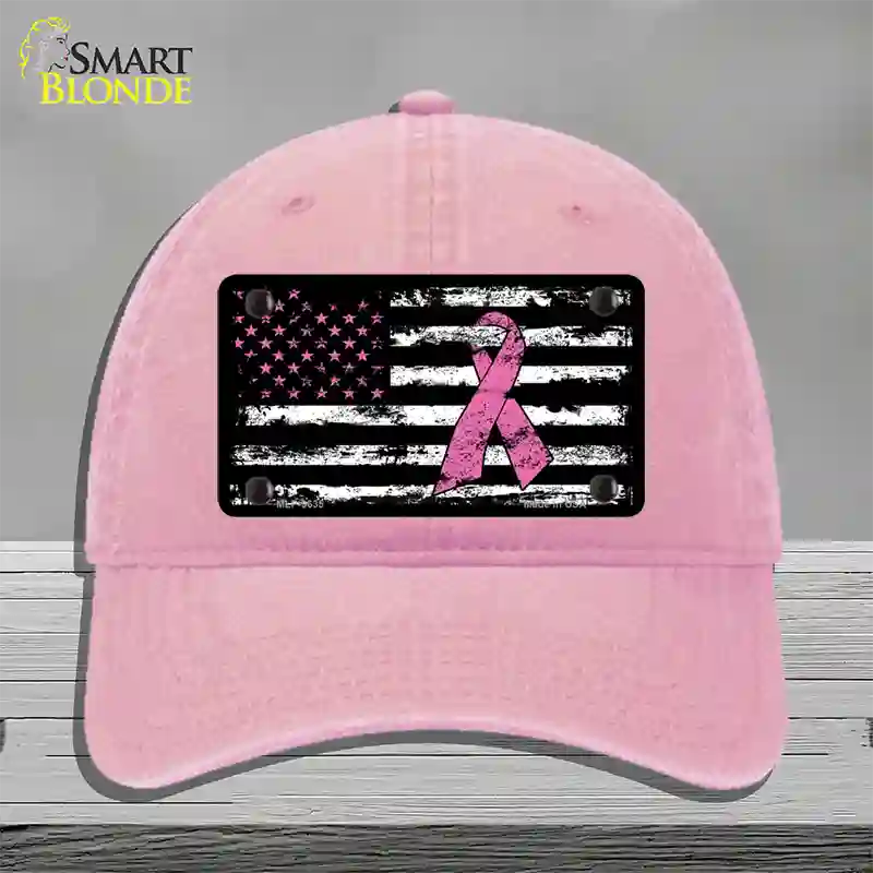 Vintage American Flag Pink Ribbon Novelty License Plate Hat Unconstructed Cotton / Pink