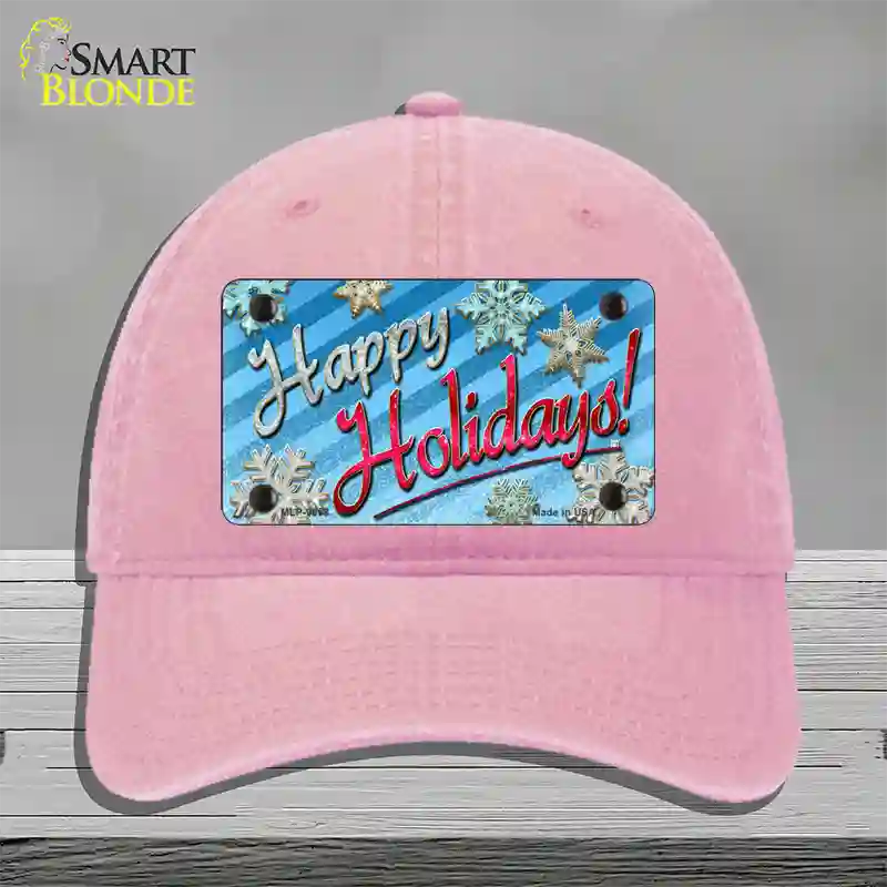 Happy Holidays Blue Novelty License Plate Hat Unconstructed Cotton / Pink