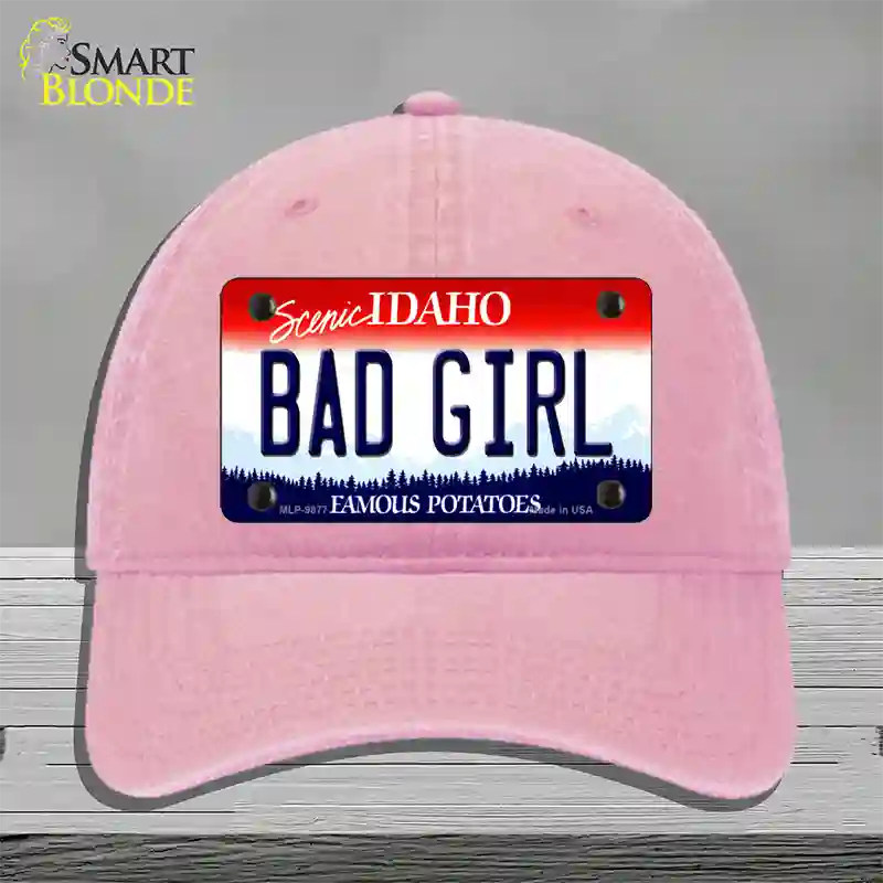 Bad Girl Idaho Novelty License Plate Hat Unconstructed Cotton / Pink