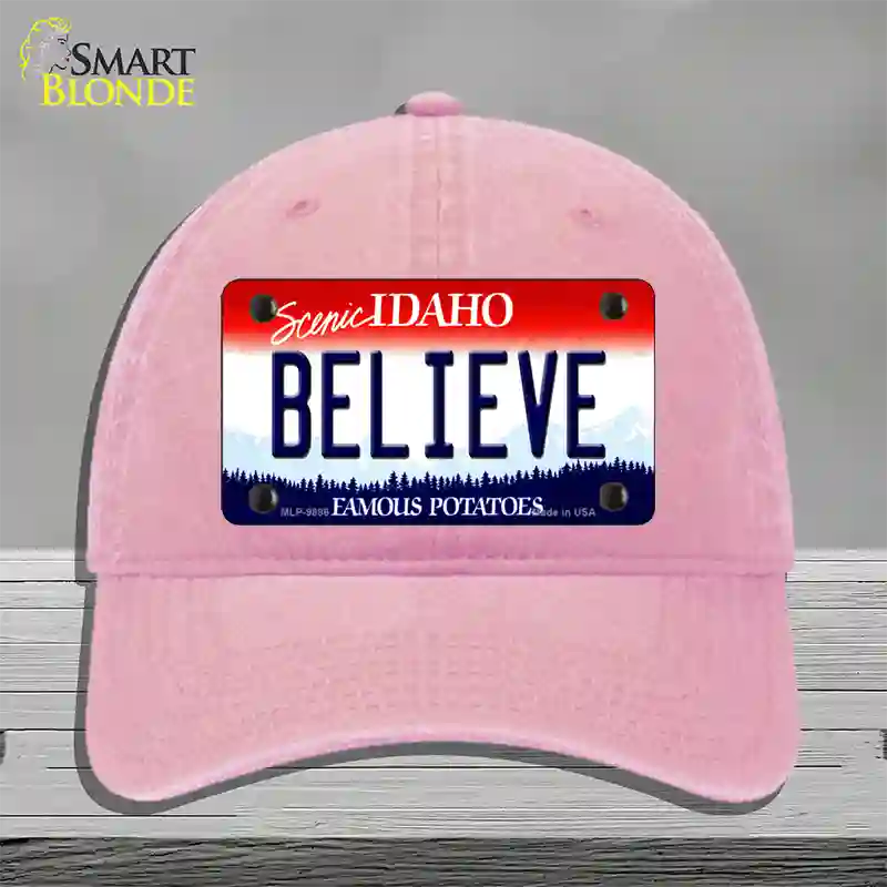 Believe Idaho Novelty License Plate Hat Unconstructed Cotton / Pink