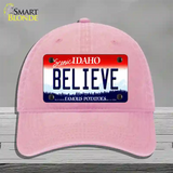 Believe Idaho Novelty License Plate Hat Unconstructed Cotton / Pink