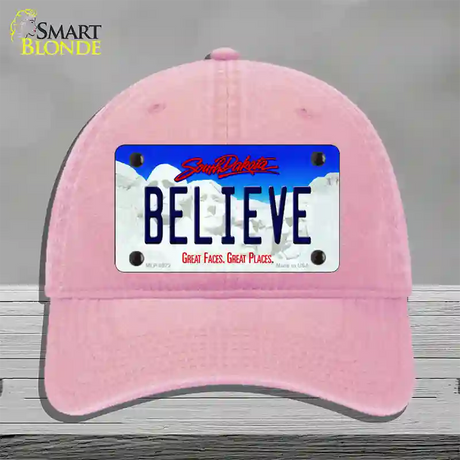 Believe South Dakota Novelty License Plate Hat Unconstructed Cotton / Pink