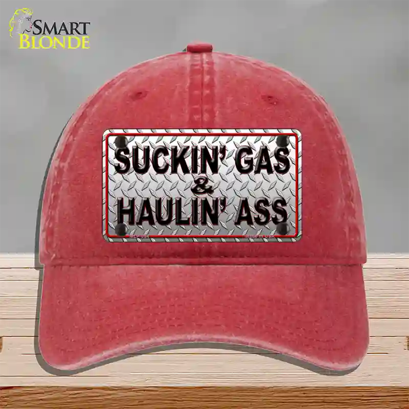 Suckin Gas and Haulin Ass Novelty License Plate Hat Unconstructed Cotton / Red