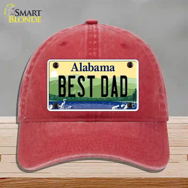 Best Dad Alabama Novelty License Plate Hat Unconstructed Cotton / Red