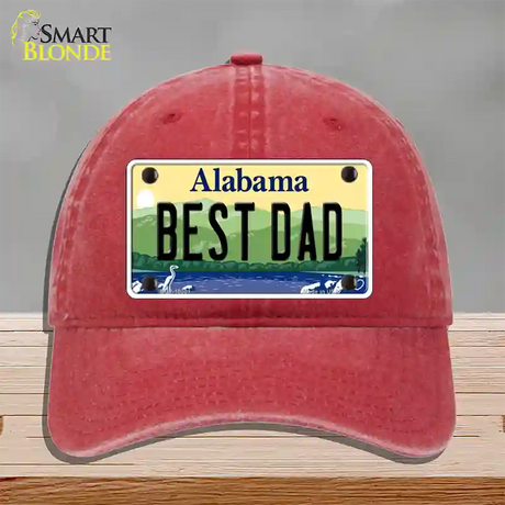 Best Dad Alabama Novelty License Plate Hat Unconstructed Cotton / Red