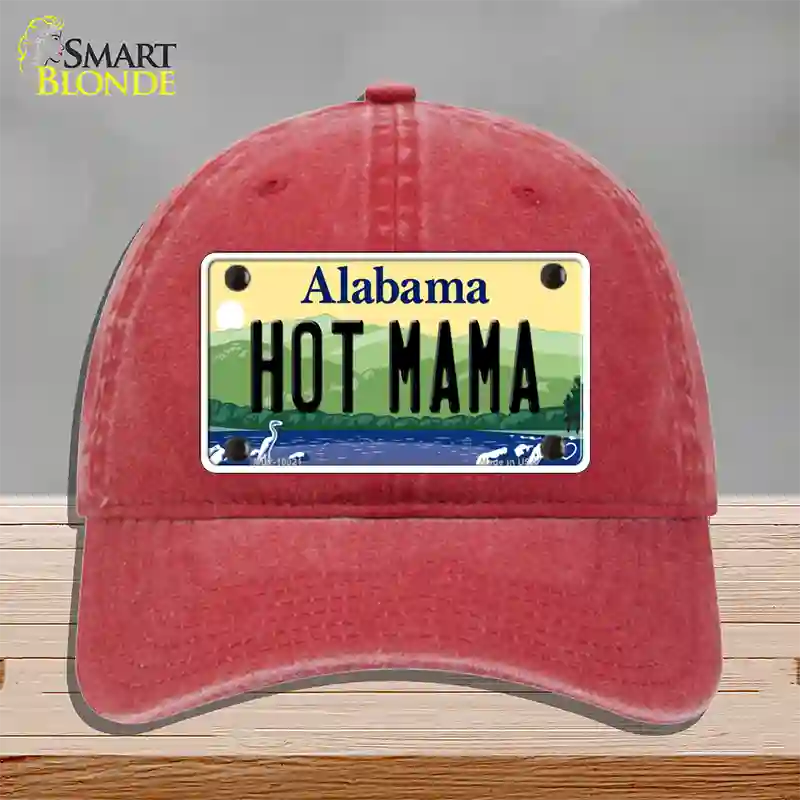 Hot Mama Alabama Novelty License Plate Hat Unconstructed Cotton / Red