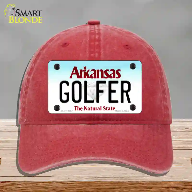 Golfer Arkansas Novelty License Plate Hat Unconstructed Cotton / Red