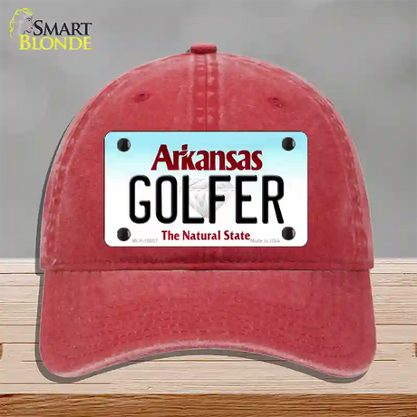 Golfer Arkansas Novelty License Plate Hat Unconstructed Cotton / Red