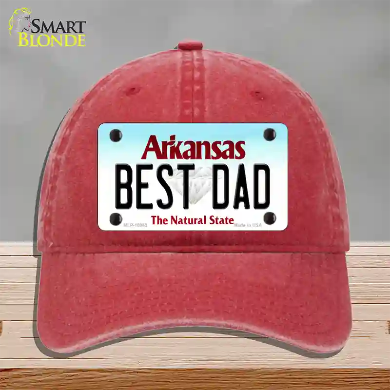 Best Dad Arkansas Novelty License Plate Hat Unconstructed Cotton / Red