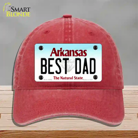 Best Dad Arkansas Novelty License Plate Hat Unconstructed Cotton / Red