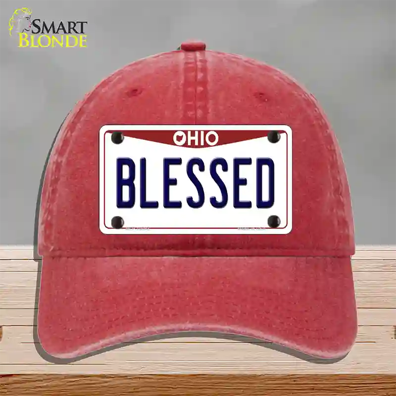 Blessed Ohio Novelty License Plate Hat Unconstructed Cotton / Red