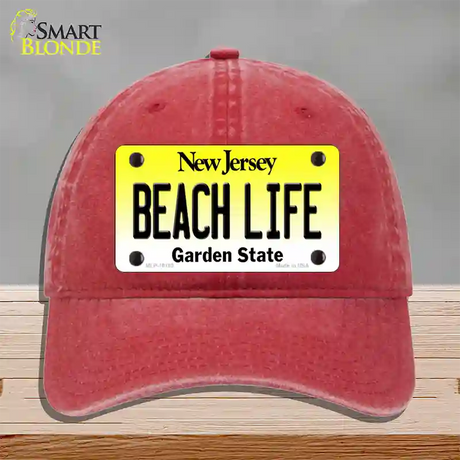 Beach Life New Jersey Novelty License Plate Hat Unconstructed Cotton / Red