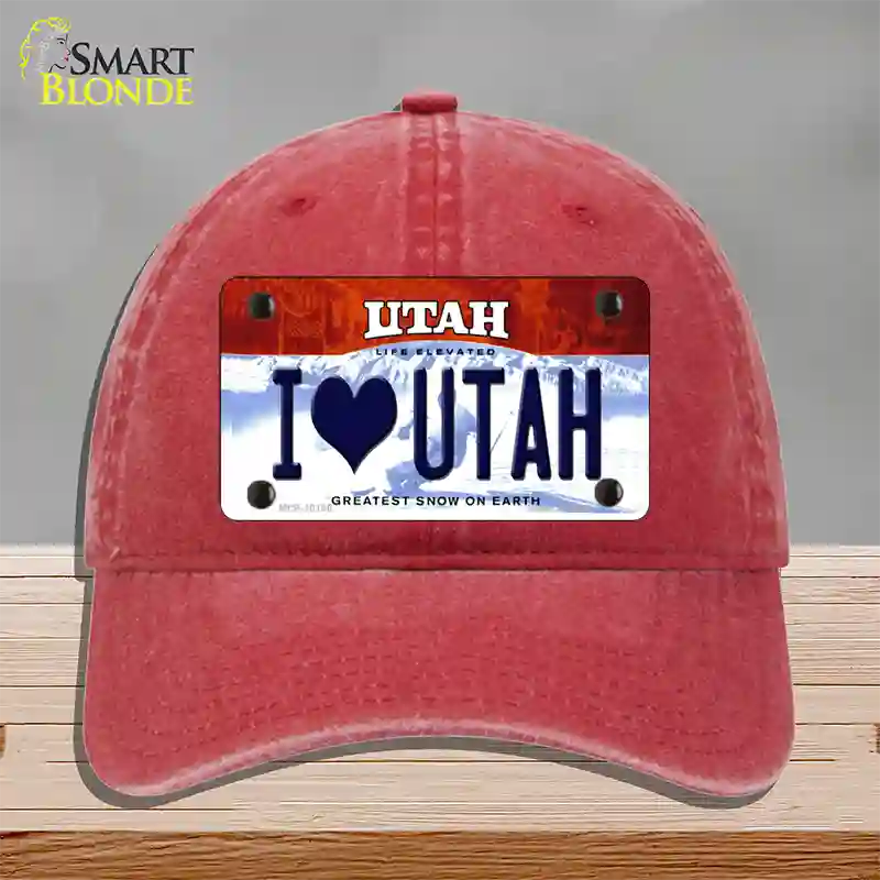 I Love Utah Novelty License Plate Hat Unconstructed Cotton / Red