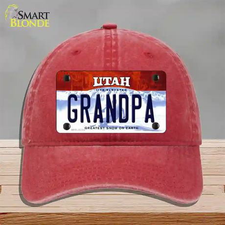 Grandpa Utah Novelty License Plate Hat Unconstructed Cotton / Red