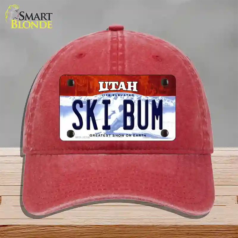 Ski Bum Utah Novelty License Plate Hat Unconstructed Cotton / Red