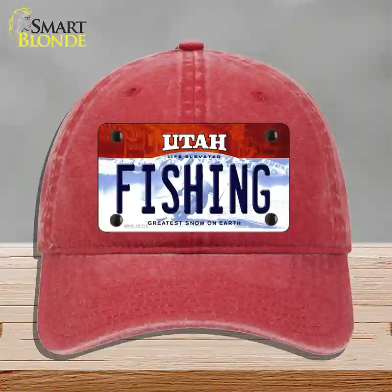 Fishing Utah Novelty License Plate Hat Unconstructed Cotton / Red