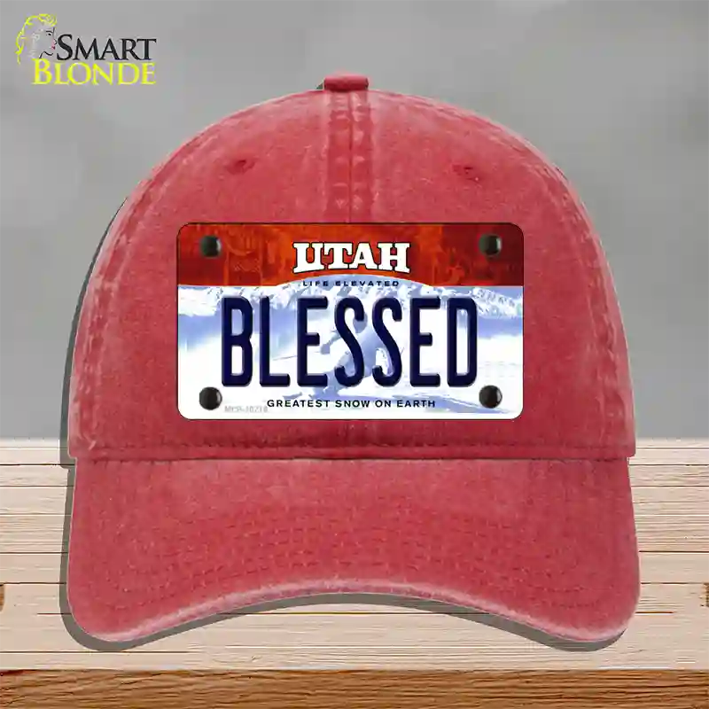 Blessed Utah Novelty License Plate Hat Unconstructed Cotton / Red