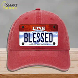 Blessed Utah Novelty License Plate Hat Unconstructed Cotton / Red