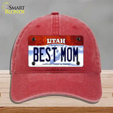 Best Mom Utah Novelty License Plate Hat Unconstructed Cotton / Red