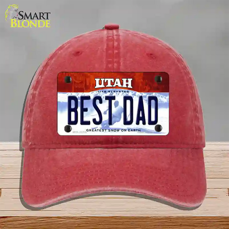 Best Dad Utah Novelty License Plate Hat Unconstructed Cotton / Red