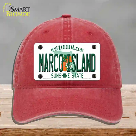 Marco Island Florida Novelty License Plate Hat Unconstructed Cotton / Red