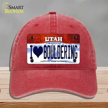 I Love Bouldering Utah Novelty License Plate Hat Unconstructed Cotton / Red