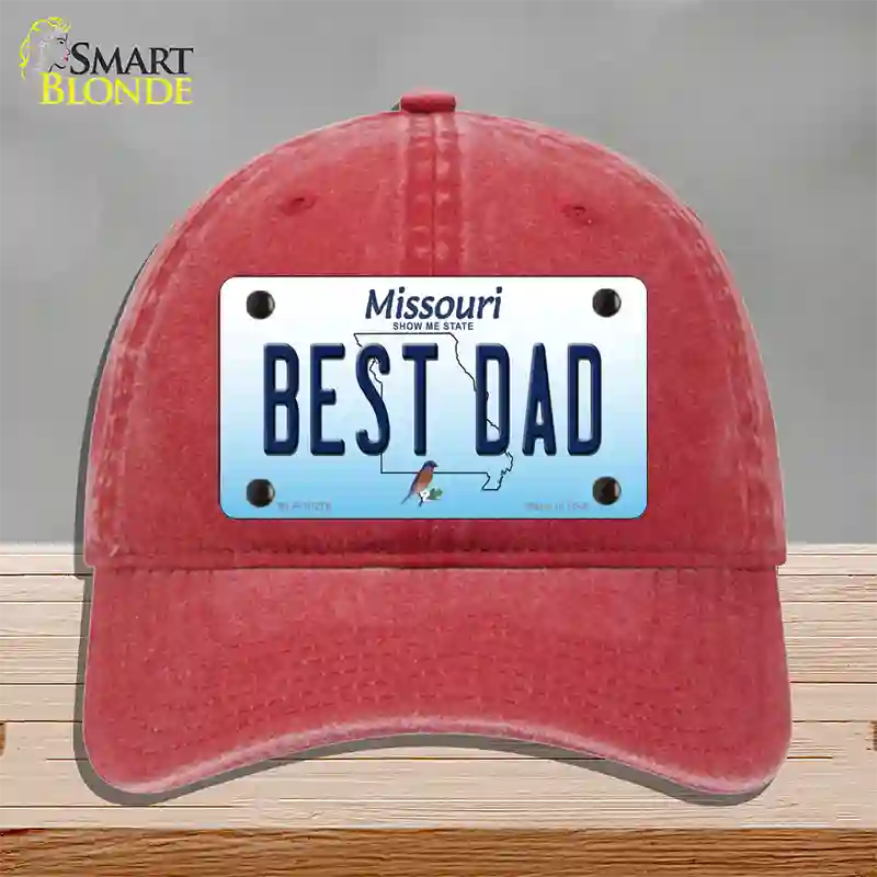 Best Dad Missouri Novelty License Plate Hat Unconstructed Cotton / Red