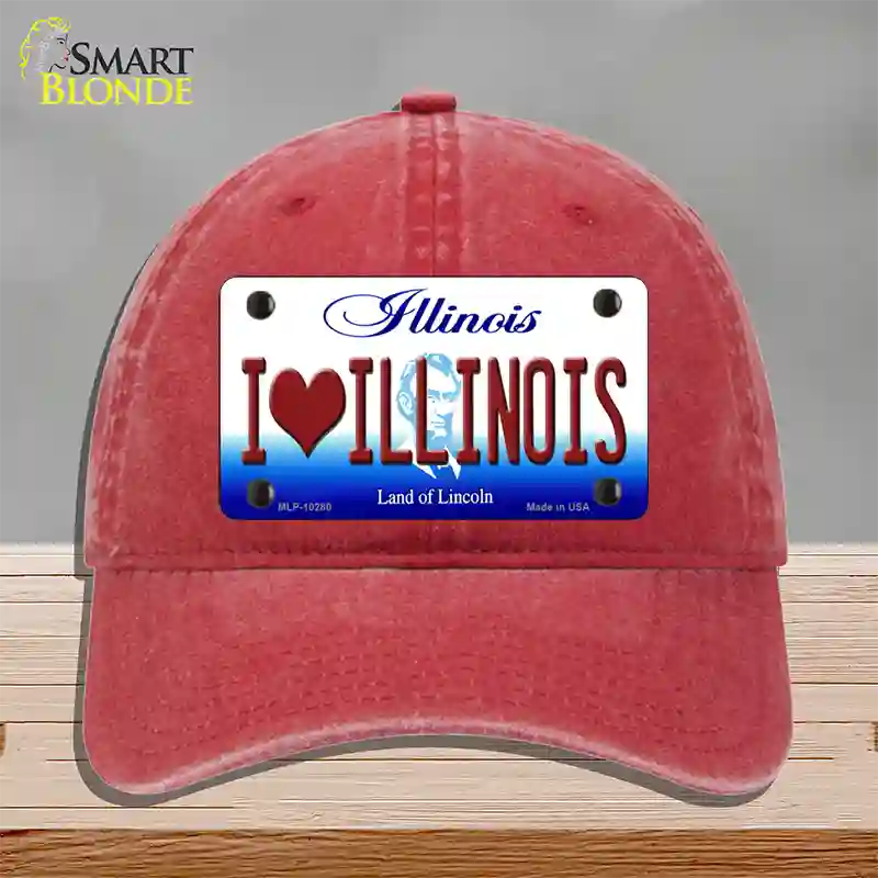 I Love Illinois Novelty License Plate Hat Unconstructed Cotton / Red