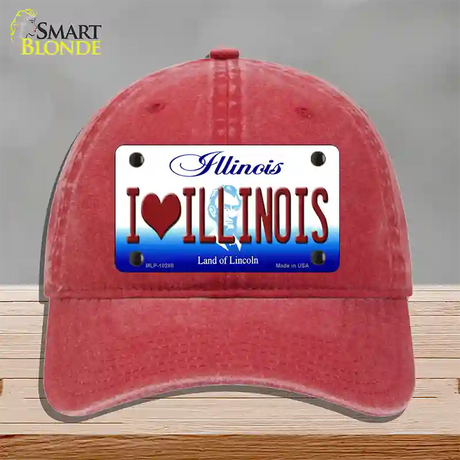 I Love Illinois Novelty License Plate Hat Unconstructed Cotton / Red