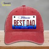 Best Dad Illinois Novelty License Plate Hat Unconstructed Cotton / Red