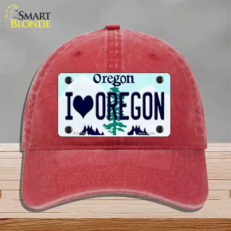 I Love Oregon Novelty License Plate Hat Unconstructed Cotton / Red