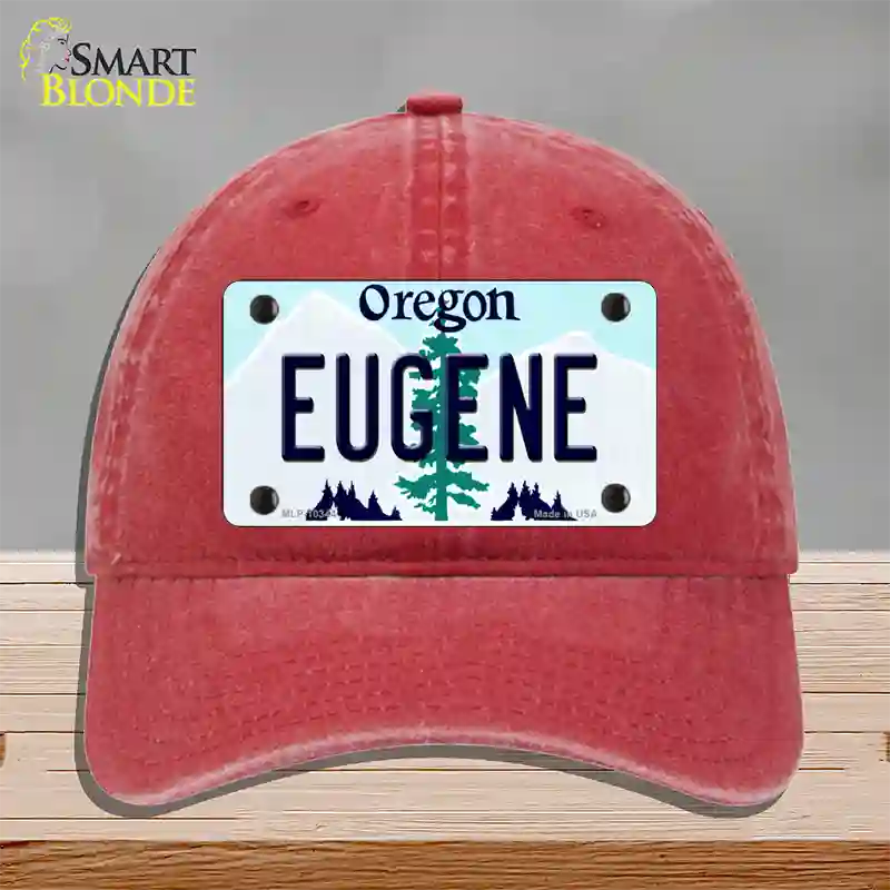 Eugene Oregon Novelty License Plate Hat Unconstructed Cotton / Red