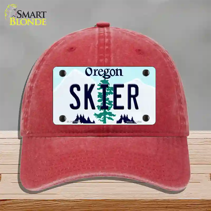 Skier Oregon Novelty License Plate Hat Unconstructed Cotton / Red