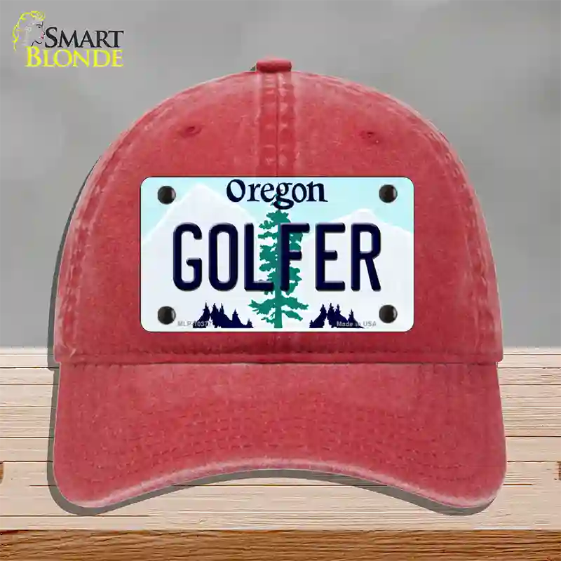 Golfer Oregon Novelty License Plate Hat Unconstructed Cotton / Red