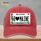 I Love Maine Novelty License Plate Hat Unconstructed Cotton / Red