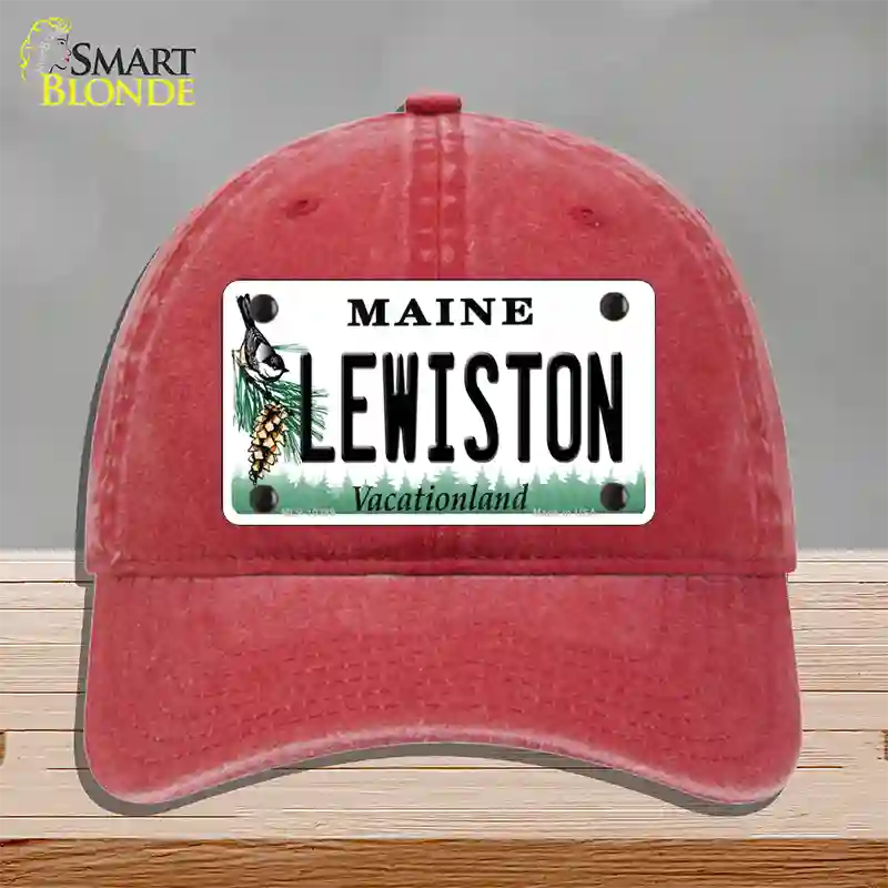 Lewiston Maine Novelty License Plate Hat Unconstructed Cotton / Red