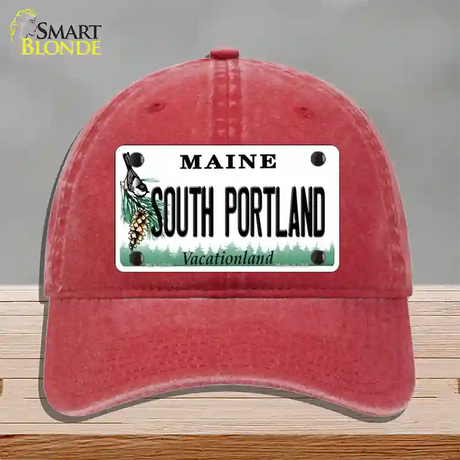 South Portland Maine Novelty License Plate Hat Unconstructed Cotton / Red