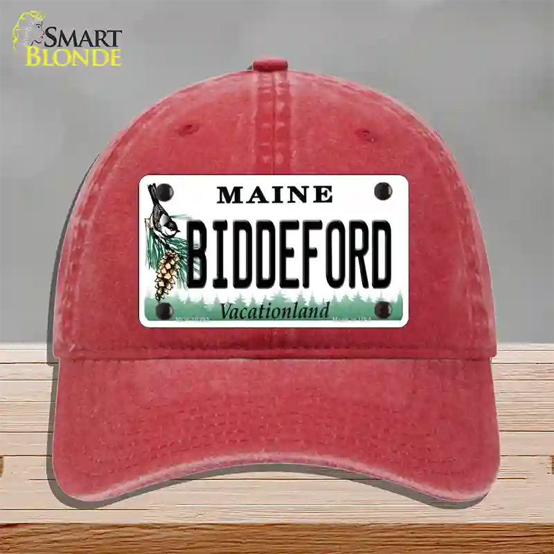 Biddeford Maine Novelty License Plate Hat Unconstructed Cotton / Red