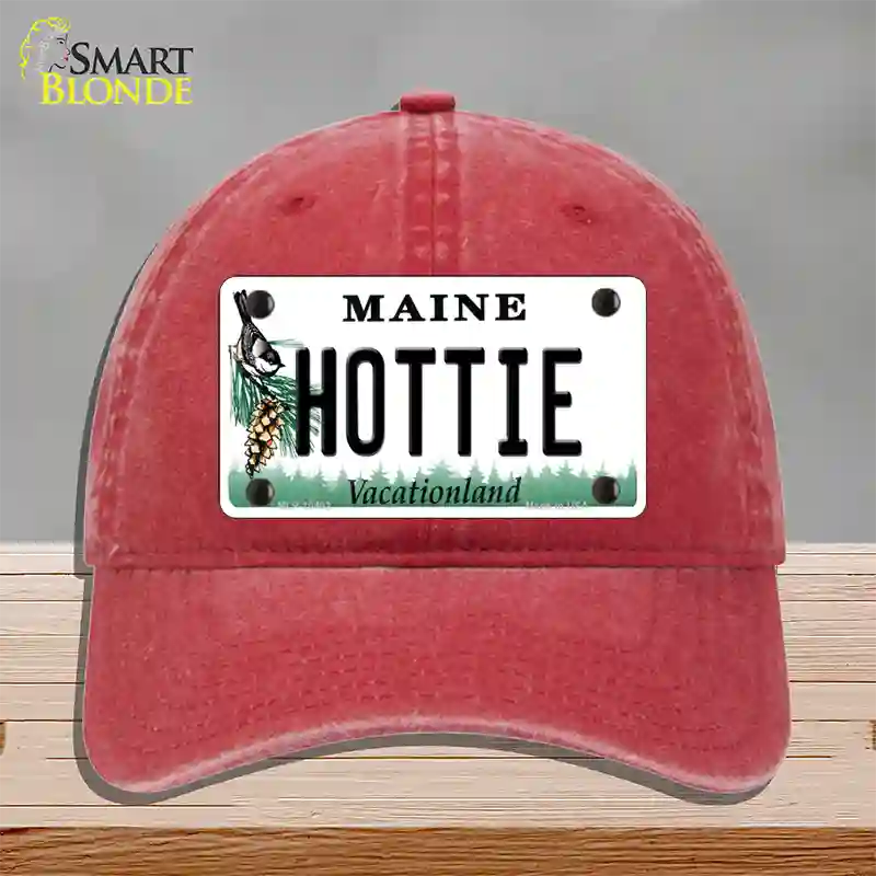 Hottie Maine Novelty License Plate Hat Unconstructed Cotton / Red