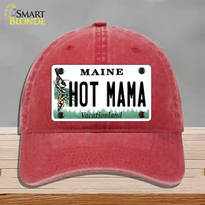 Hot Mama Maine Novelty License Plate Hat Unconstructed Cotton / Red