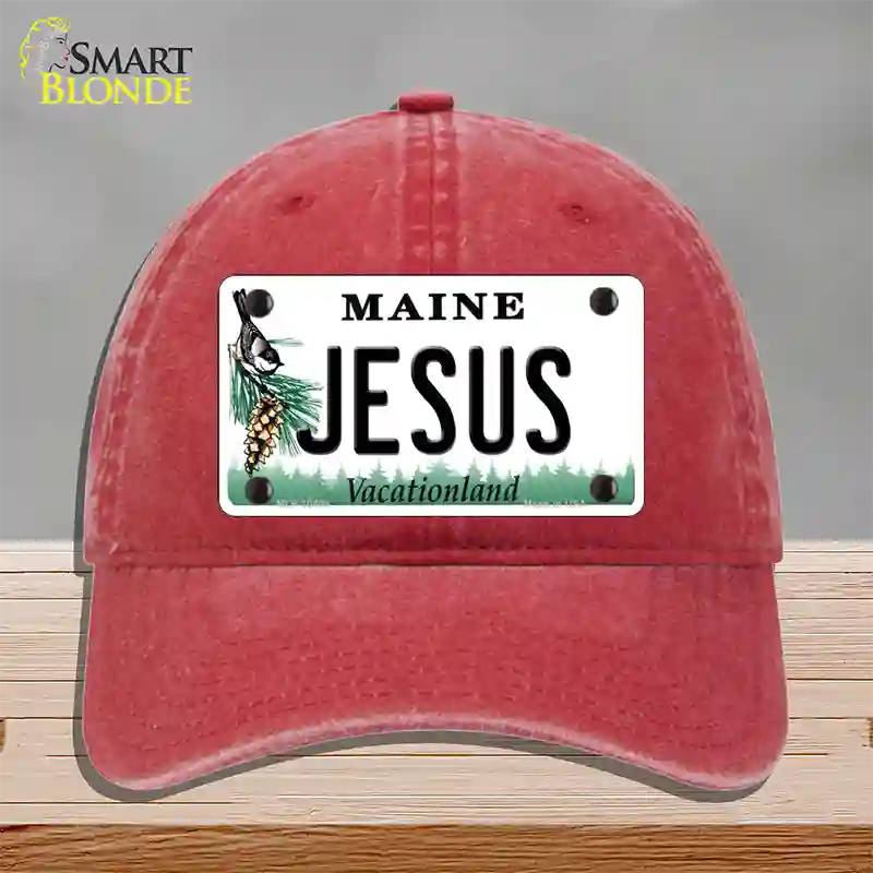 Jesus Maine Novelty License Plate Hat Unconstructed Cotton / Red