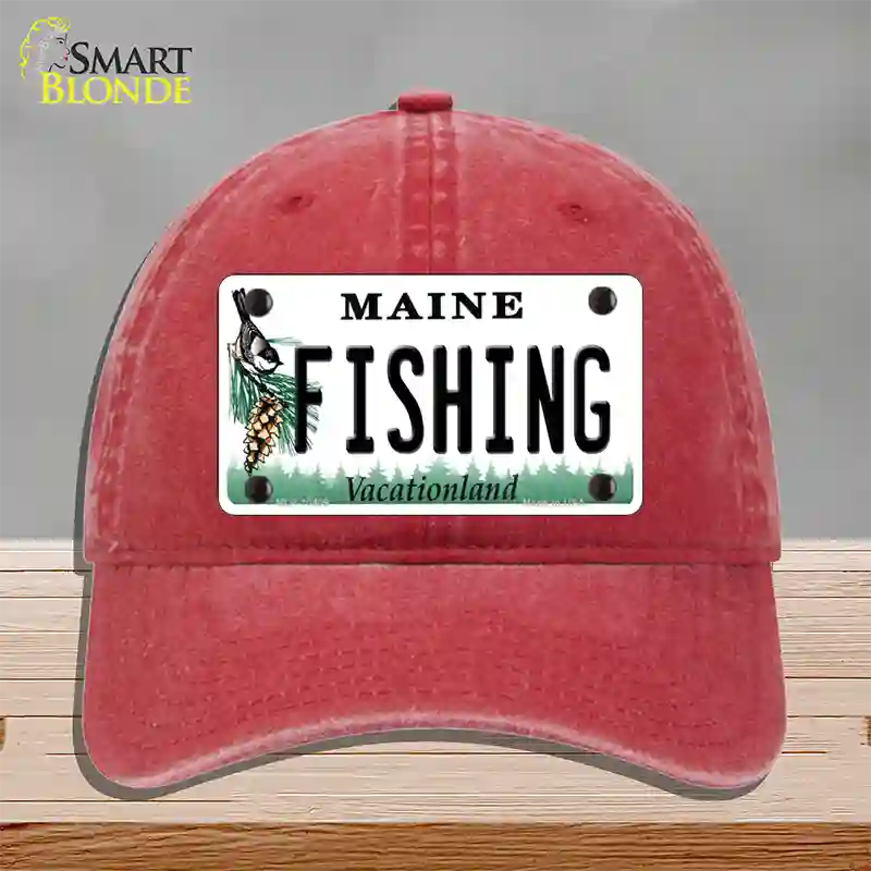 Fishing Maine Novelty License Plate Hat Unconstructed Cotton / Red