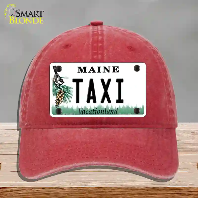 Taxi Maine Novelty License Plate Hat Unconstructed Cotton / Red