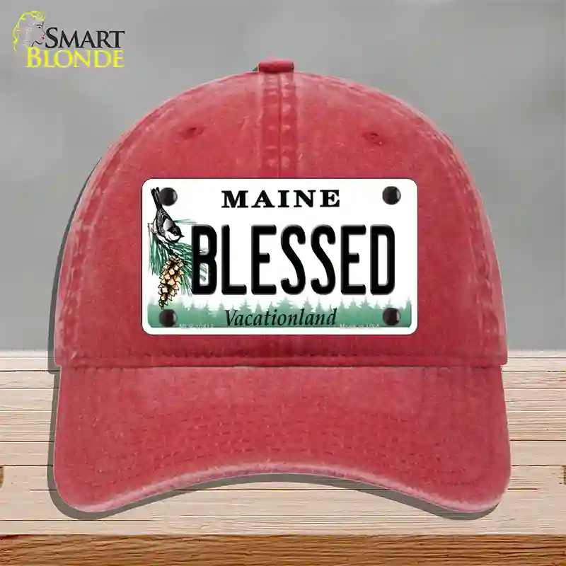 Blessed Maine Novelty License Plate Hat Unconstructed Cotton / Red