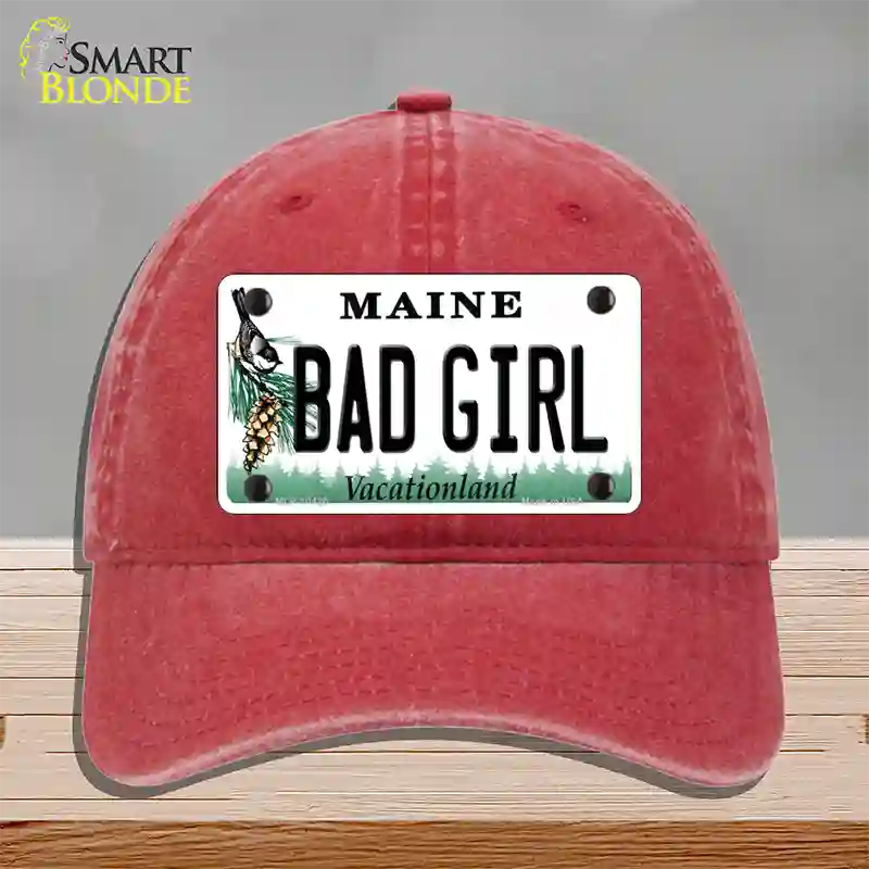 Bad Girl Maine Novelty License Plate Hat Unconstructed Cotton / Red