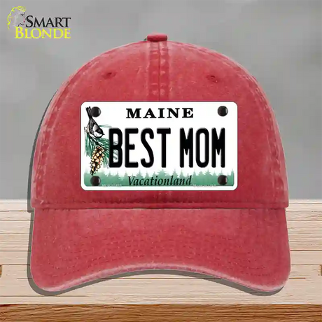 Best Mom Maine Novelty License Plate Hat Unconstructed Cotton / Red