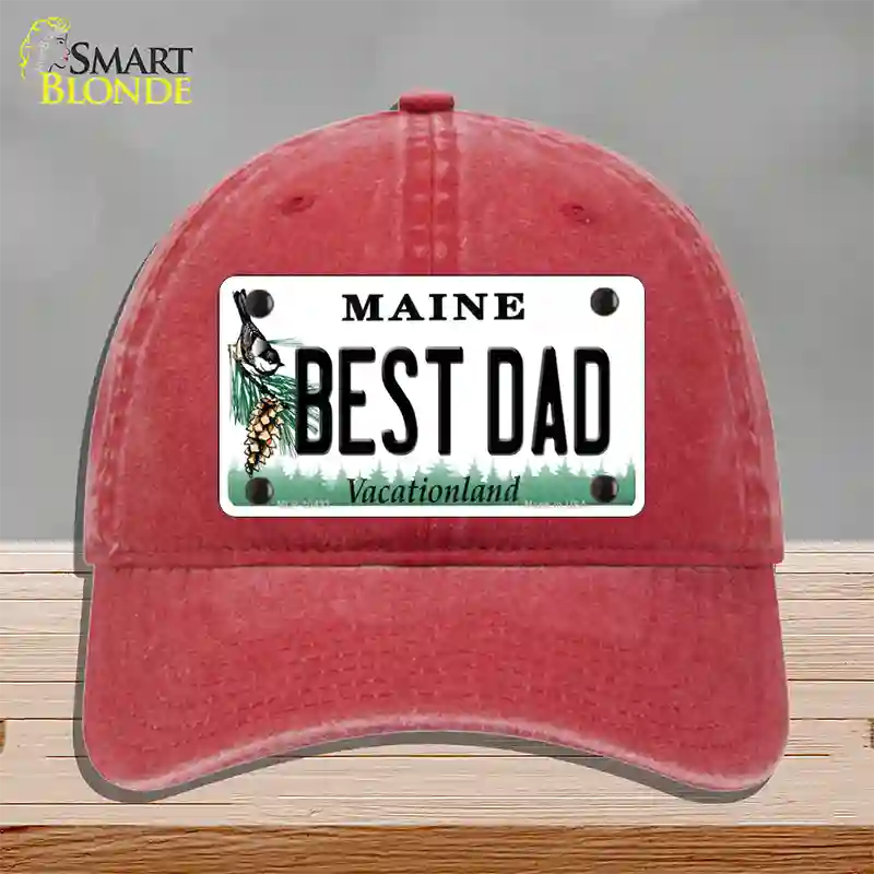 Best Dad Maine Novelty License Plate Hat Unconstructed Cotton / Red