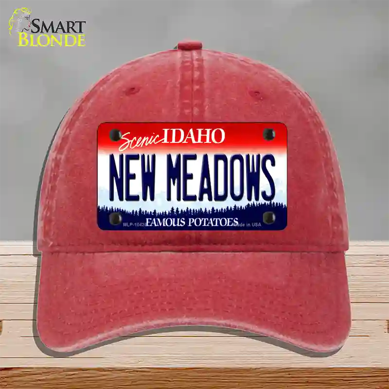 New Meadows Idaho Novelty License Plate Hat Unconstructed Cotton / Red